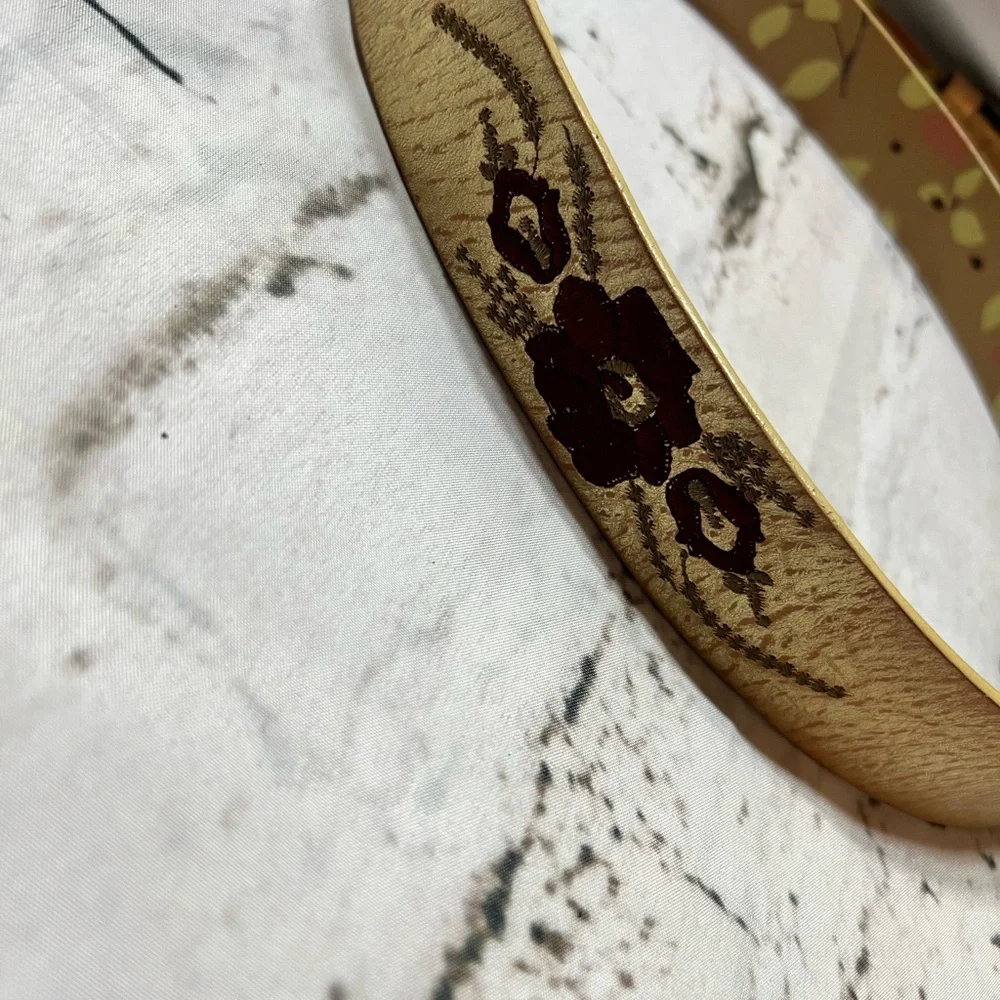 Boho‎ Embroidered Leather Belt with Floral Stitching & Antique Brass Buckle